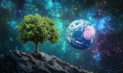 Lone tree on rock, Earth in space, cosmic background; environmental conservation
