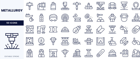 A comprehensive collection of metallurgy icons in a minimalist design, showcasing tools, machinery, and processes.