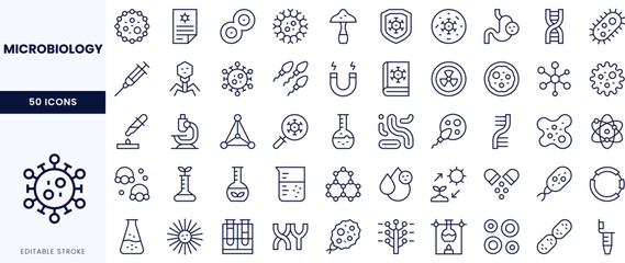 A collection of microbiology-themed icons showcasing various elements like molecules, cells, and laboratory equipment.