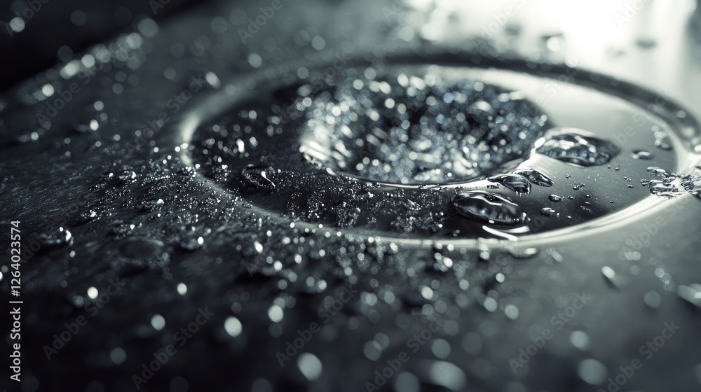 Poster a detailed close-up of a wet sink drain with water droplets, emphasizing the fine textures of stainl