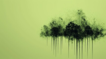 A surreal digital artwork depicting a cluster of trees disintegrating into black particles against a light green background. The composition symbolizes deforestation, pollution, and environmental