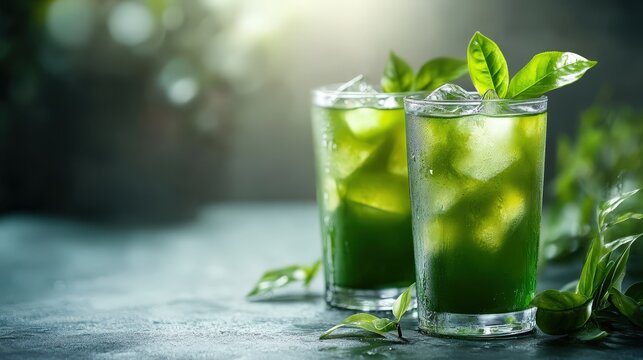 Two glasses of green tea with mint leaves and matcha drink on a wooden table