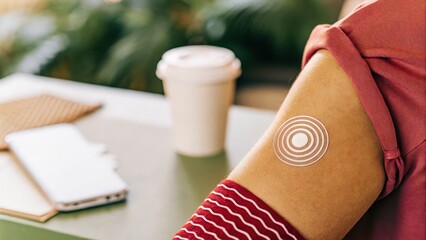 A macro shot of skin sensors adhered to the back of a persons arm wirelessly transmitting biometric data surrounded by everyday items like a coffee cup and notepad in soft focus.