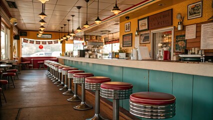 Fototapeta premium Vintage Diner Interior with Bar Stools for Social Distancing, Retro Decor, Nostalgic Atmosphere, and Selective Focus on Seating Arrangement