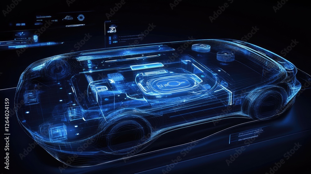 Poster A digital projection of a smart car interface with holographic elements in blue, illustrating the future of automotive technology and user experience.