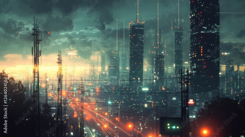 Poster A digital representation of a cityscape with telecommunication towers and glowing networking lines, emphasizing the advancement of internet technology in urban areas.