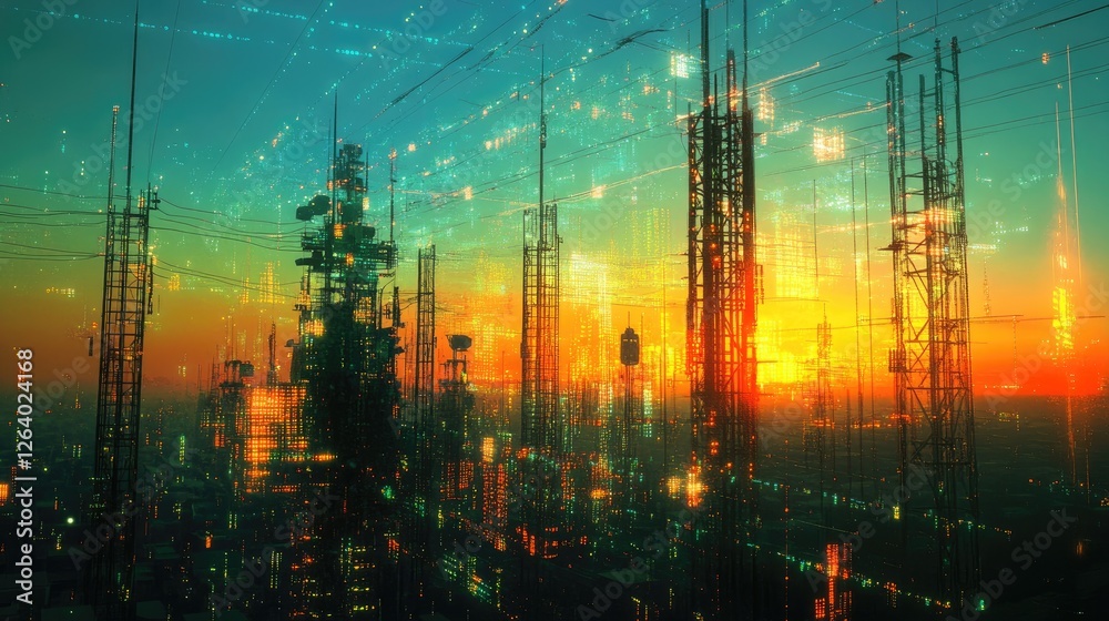 Aufkleber a digital representation of a cityscape with telecommunication towers and glowing networking lines, 