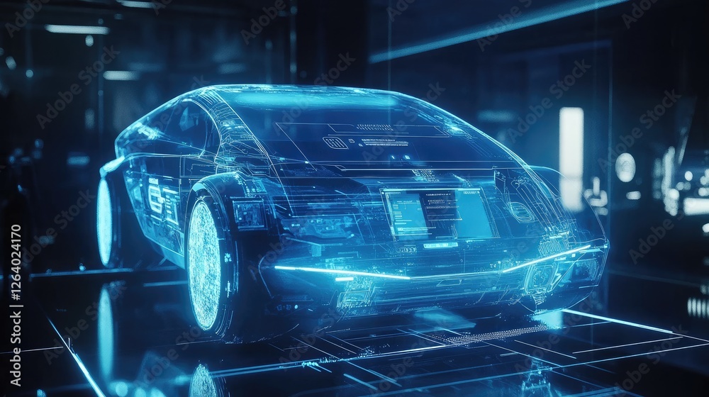 Poster A digital projection of a smart car interface with holographic elements in blue, illustrating the future of automotive technology and user experience.