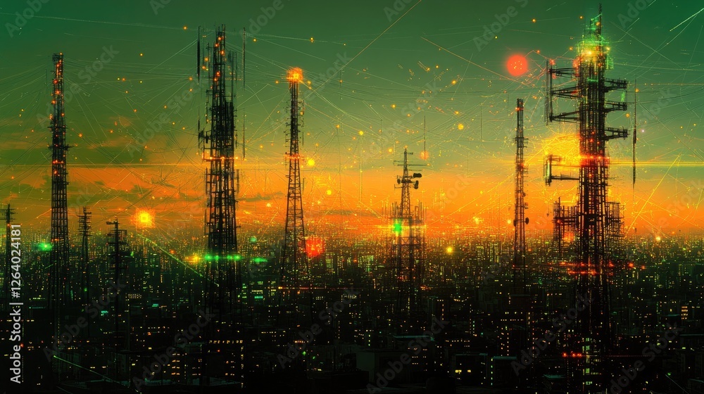 Poster a digital representation of a cityscape with telecommunication towers and glowing networking lines, 