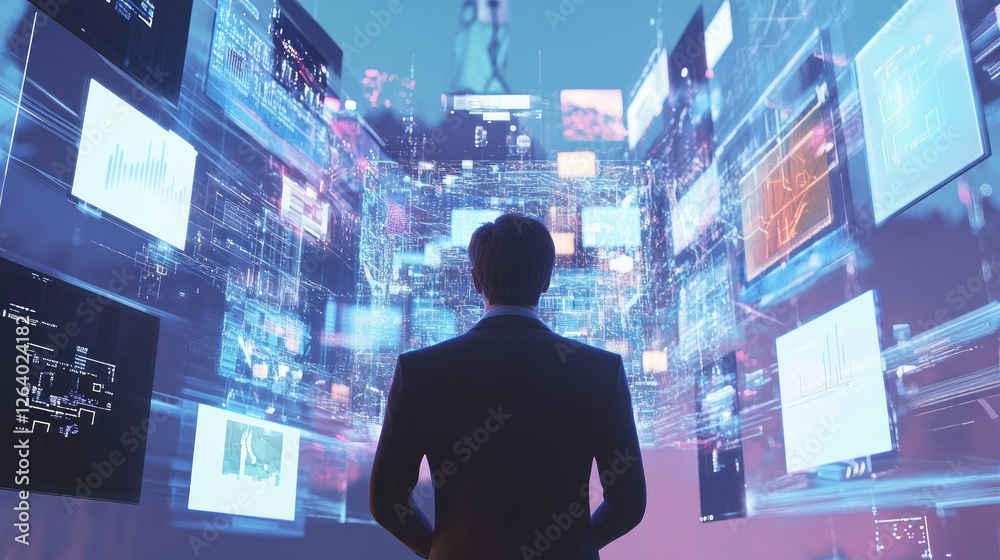 Poster A digital 3D scene of a businessman connecting different multimedia tech devices, creating a unified and connected ecosystem.