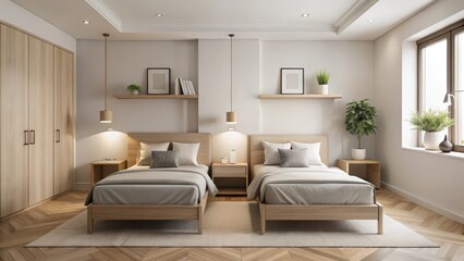 Fototapeta premium Simple modern bedroom interior with two single beds and a minimalist decor, neutral colors
