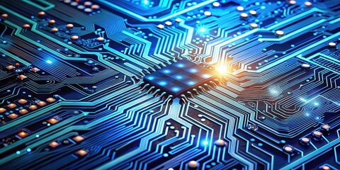 Obraz premium High-tech electronic circuit boards with intricate blue wiring and microchips against a bright abstract background