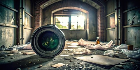 A camera lens peering through a window into a dark room with scattered papers and empty bottles on a dusty floor, capturing a sense of unease and secrecy , surveillance, secretive