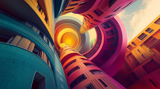 Paradoxical vortex:gravity-defying architectural illusion in surreal chromatic splendor. Architectural Paradoxes. Illustration