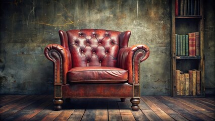 Distressed leather armchair with vintage red overlay effect on scratched surface, surrounded by dark wood frame and old books , vintage red, armchair