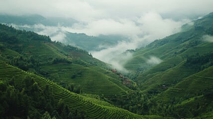 Fototapeta premium Mountain view overlooking valley with dense tea bushes on terraced hills
