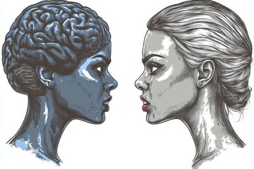 Fototapeta premium Stylized silver and blue brain profiles in conceptual facing portrait highlighting contrasts in emotional intelligence and neural activity