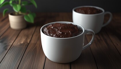 Chocolate mug cake baked on white ceramic cup for simple food
