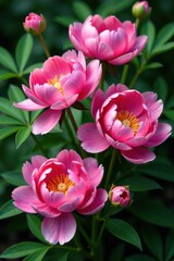 Obraz premium Group of lush peony flowers in vibrant colors with delicate petals and green foliage surrounding them , blossoms, blooms, peonies