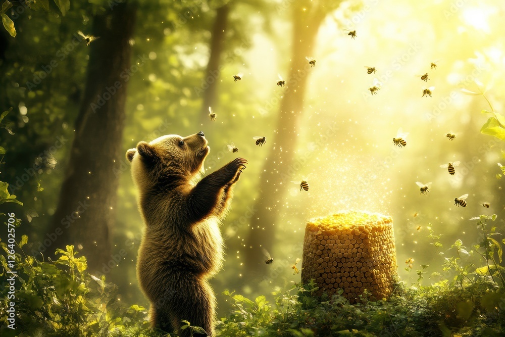 Aufkleber Curious bear interacts with buzzing bees near a hive in a sunlit forest during the golden hour. Generative AI