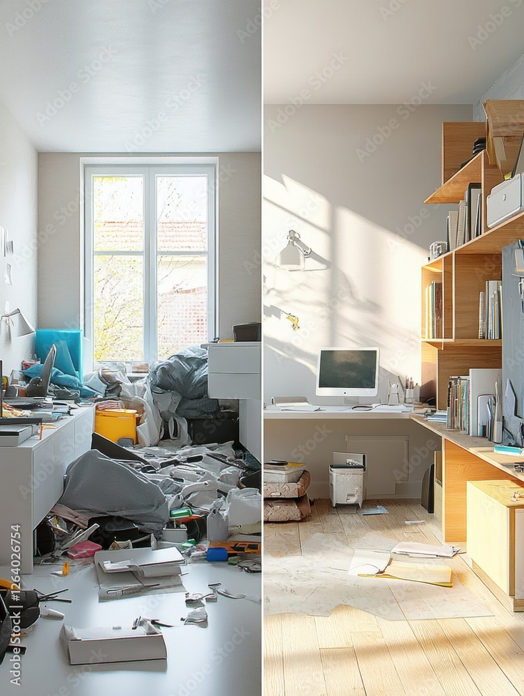 Poster cluttered and tidy workspace comparison highlighting contrasting organization styles and environment