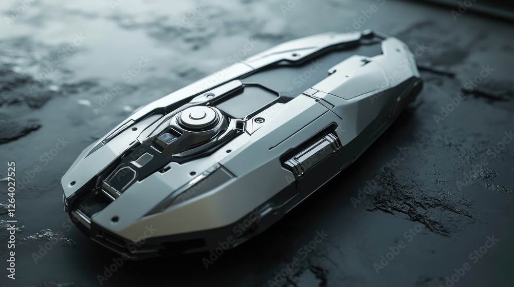 Poster A futuristic 3D rendering of a digital silver tech device with clean lines, showcasing its cutting-edge design and advanced features.