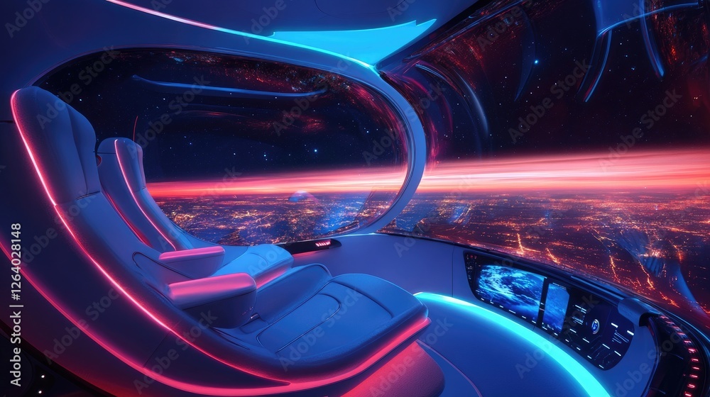 Poster a futuristic spaceship interior in white, highlighted by glowing blue and red lights, with an expans