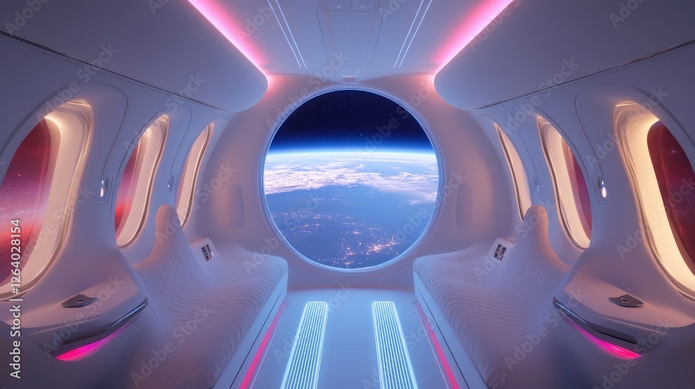 Poster a futuristic spaceship interior in white, highlighted by glowing blue and red lights, with an expans
