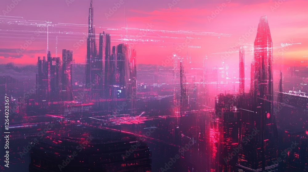 Poster A futuristic view of the city skyline with telecommunication towers and networking lines, showcasing the interconnectedness of modern technology and communication.