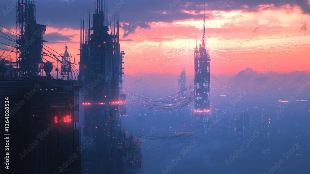 Poster a futuristic view of the city skyline with telecommunication towers and networking lines, showcasing
