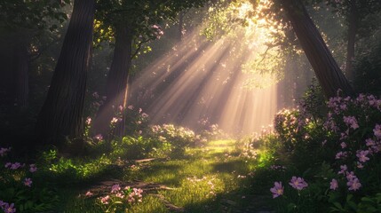 Obraz premium A lush forest with sun rays breaking through tall trees, casting a warm glow on the vibrant green forest floor