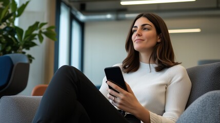 Obraz premium Contemplative Moments: A woman, exuding quiet confidence, sits in a contemporary office setting, her gaze fixed on a smartphone. The photograph captures a moment of deep contemplation.