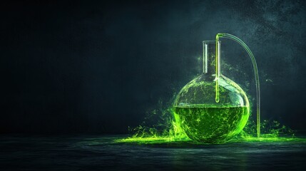 Green liquid pouring from glass bottle and pipette into laboratory flask for chemical experiment
