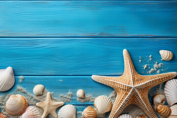 Beach scene concept travel summer backgrounds. Royalty high-quality free best stock of starfish, sea shells, sand on blue wooden background, copy space empty for design banner, poster, backdrop