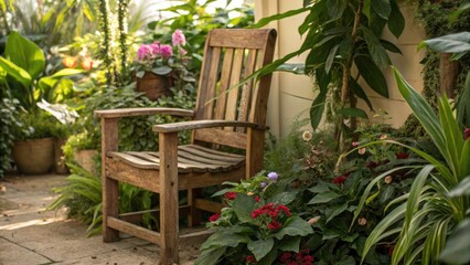 Fototapeta premium Wooden Chair Surrounded by Lush Green Foliage - Conceptual Photography of Nature-Inspired Furniture, Rustic Design, and Organic Aesthetics for Interior Decor and Sustainable Living