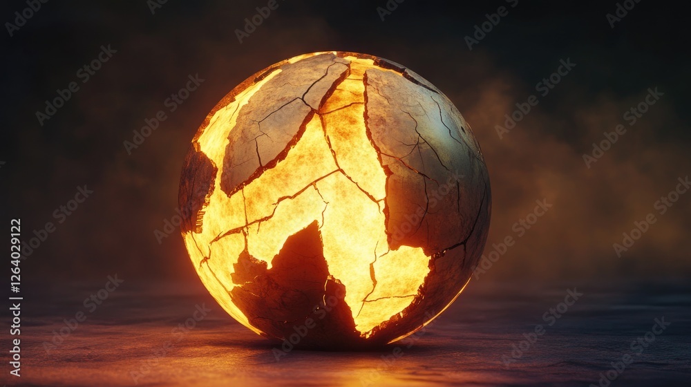 Poster a glowing cracked globe with rising heat waves, representing global warming and environmental issues