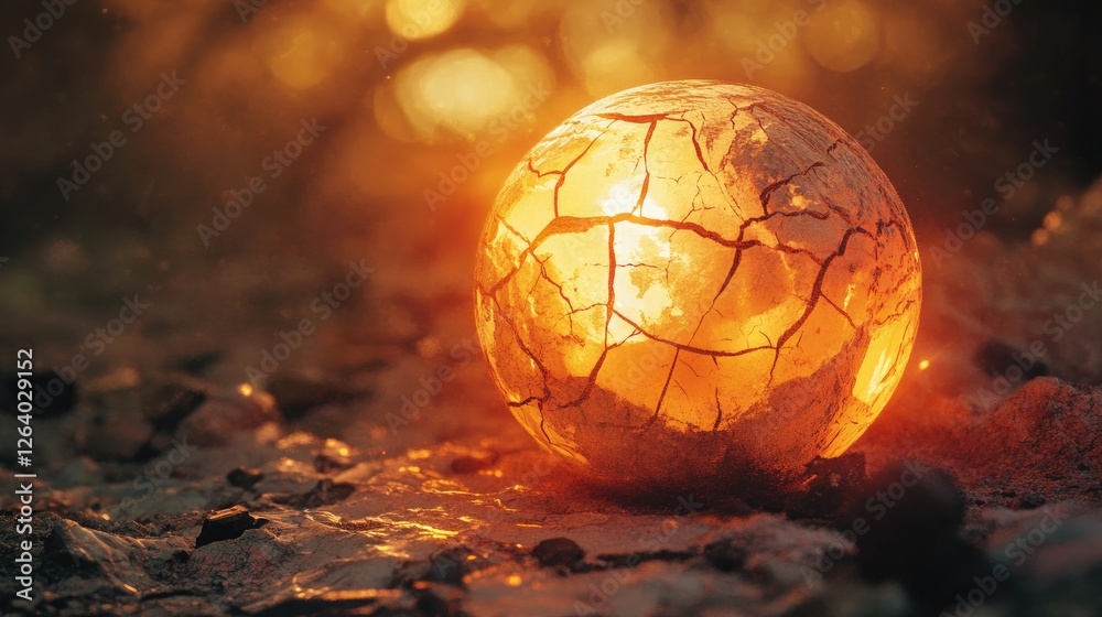 Poster a glowing cracked globe with rising heat waves, representing global warming and environmental issues