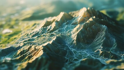 Mountain terrain with town nestled in valley at sunrise