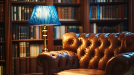 A luxurious leather armchair, illuminated by a soft blue lamp, creating an elegant atmosphere in a cozy library.