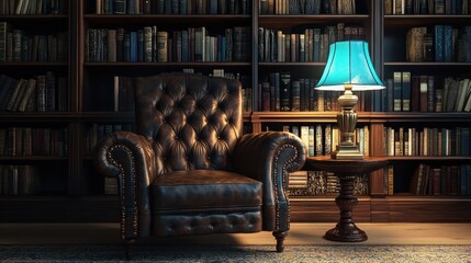 A luxurious leather armchair with a glowing blue lamp beside it, creating a relaxing ambiance in a library.