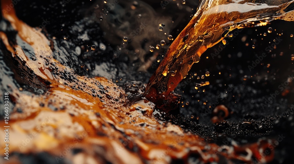 Poster a high-quality close-up of coffee being poured, showing the splashes and textures as the liquid meet
