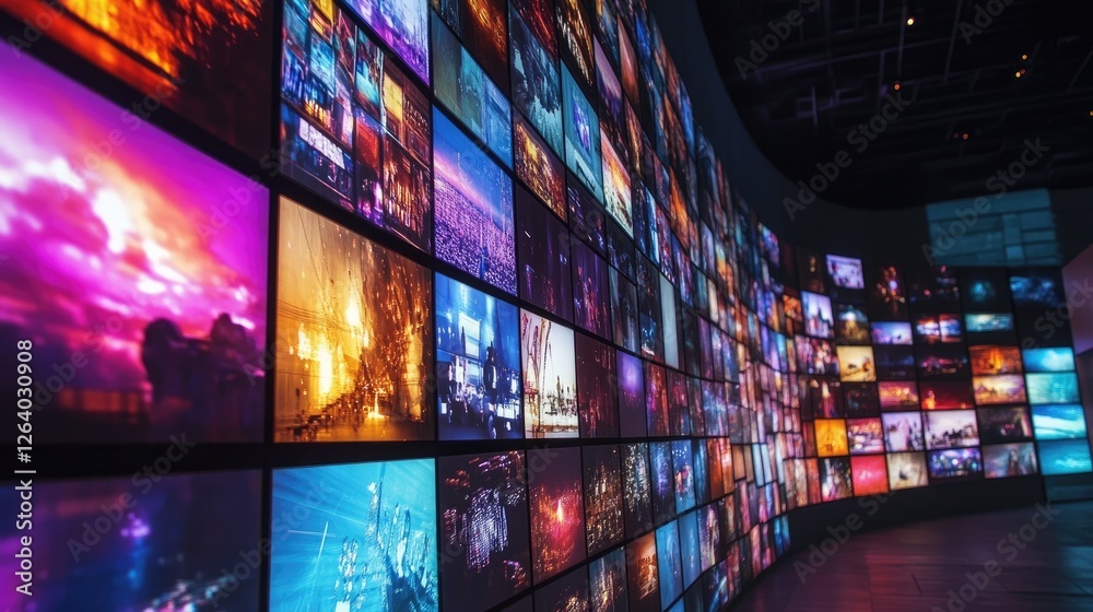 Poster a large multimedia wall of tv screens displaying vibrant videos and images, creating an immersive di