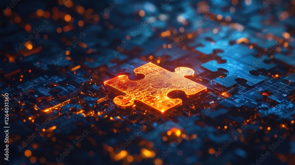 Poster A luminous puzzle piece hovering over a sea of digital fragments, representing connection and innovation in a data-driven environment.