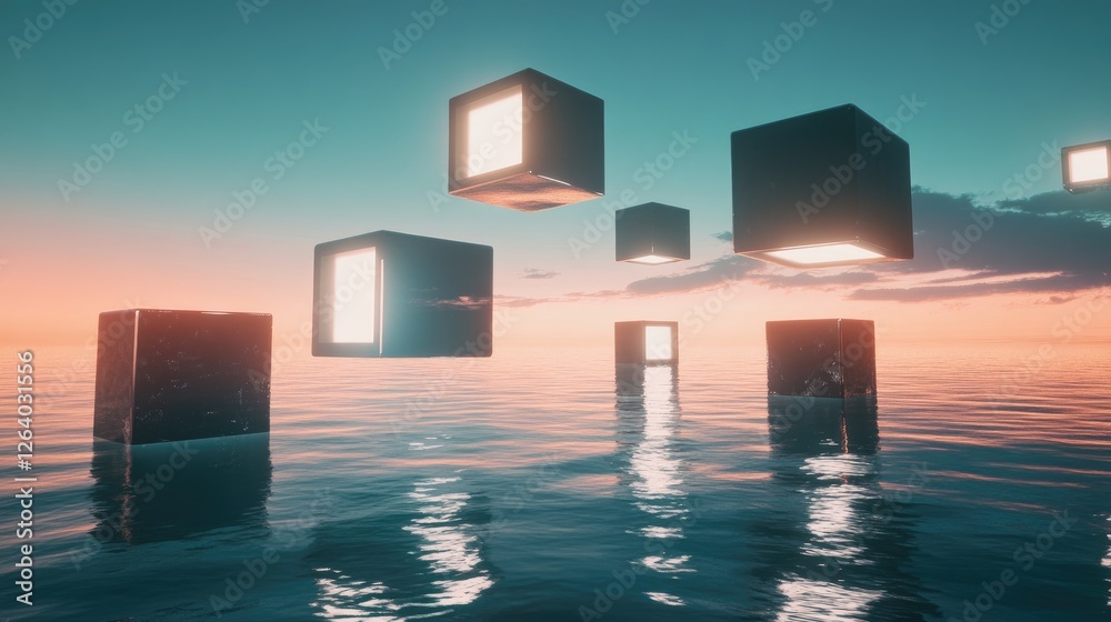 Poster A maze of glowing floating cubes hovers above a reflective ocean, combining geometric precision with surreal, futuristic 3D fantasy elements.