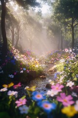 Obraz premium Beautiful colorful wild flowers in deep foggy forest with sun light in Spring.