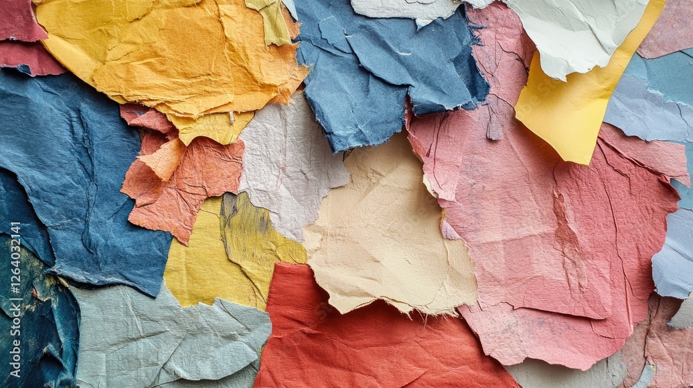 Poster a mix of colorful, textured papers spread across a surface, featuring bold and muted tones with visi