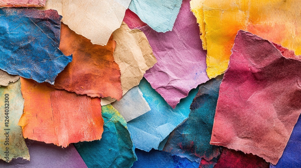 Poster a mix of colorful, textured papers spread across a surface, featuring bold and muted tones with visi