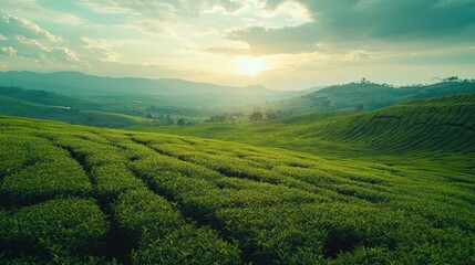 Obraz premium Aerial view of lush green tea plantations in mountainous landscape with clear blue sky