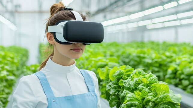 Indoor vertical farming and sustainable agriculture concepts. A woman in VR headset exploring a futuristic greenhouse filled with lettuce plants. - Powered by Adobe