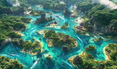 Fototapeta premium Tropical islands, boats, aerial view, turquoise water, lush greenery, paradise, travel, tourism